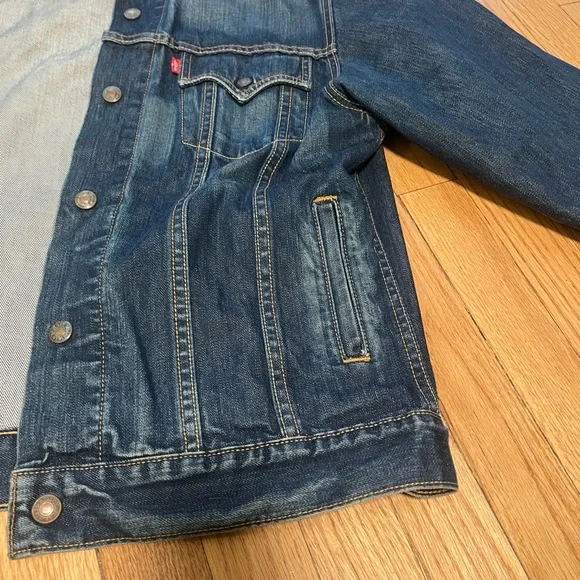 Levi's Classic Blue Denim Collarless Jacket with Tan Stitching - Picture 13 of 13